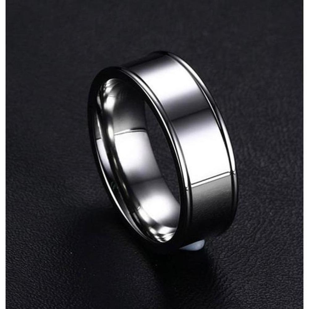 Silver Tungsten Band Ring Polished Finish W/ Ridged Edge Unisex 8mm Width-Size 9 - Picture 4 of 11